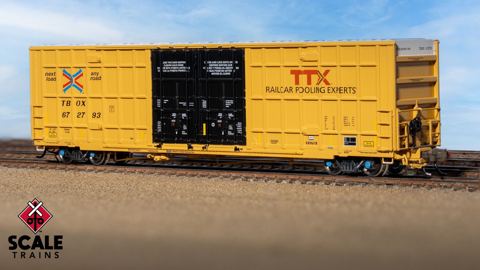 ScaleTrains SXT41804 Rivet Counter N Scale Trinity 60' 7500 8' Double-Plug-Door High-Cube Boxcar (XRH61B), TTX/Conspicuity Stripes/TBOX 672814