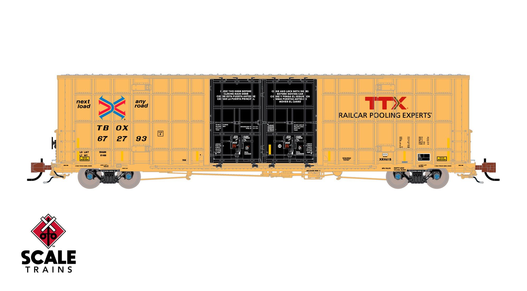 ScaleTrains SXT41804 Rivet Counter N Scale Trinity 60' 7500 8' Double-Plug-Door High-Cube Boxcar (XRH61B), TTX/Conspicuity Stripes/TBOX 672814