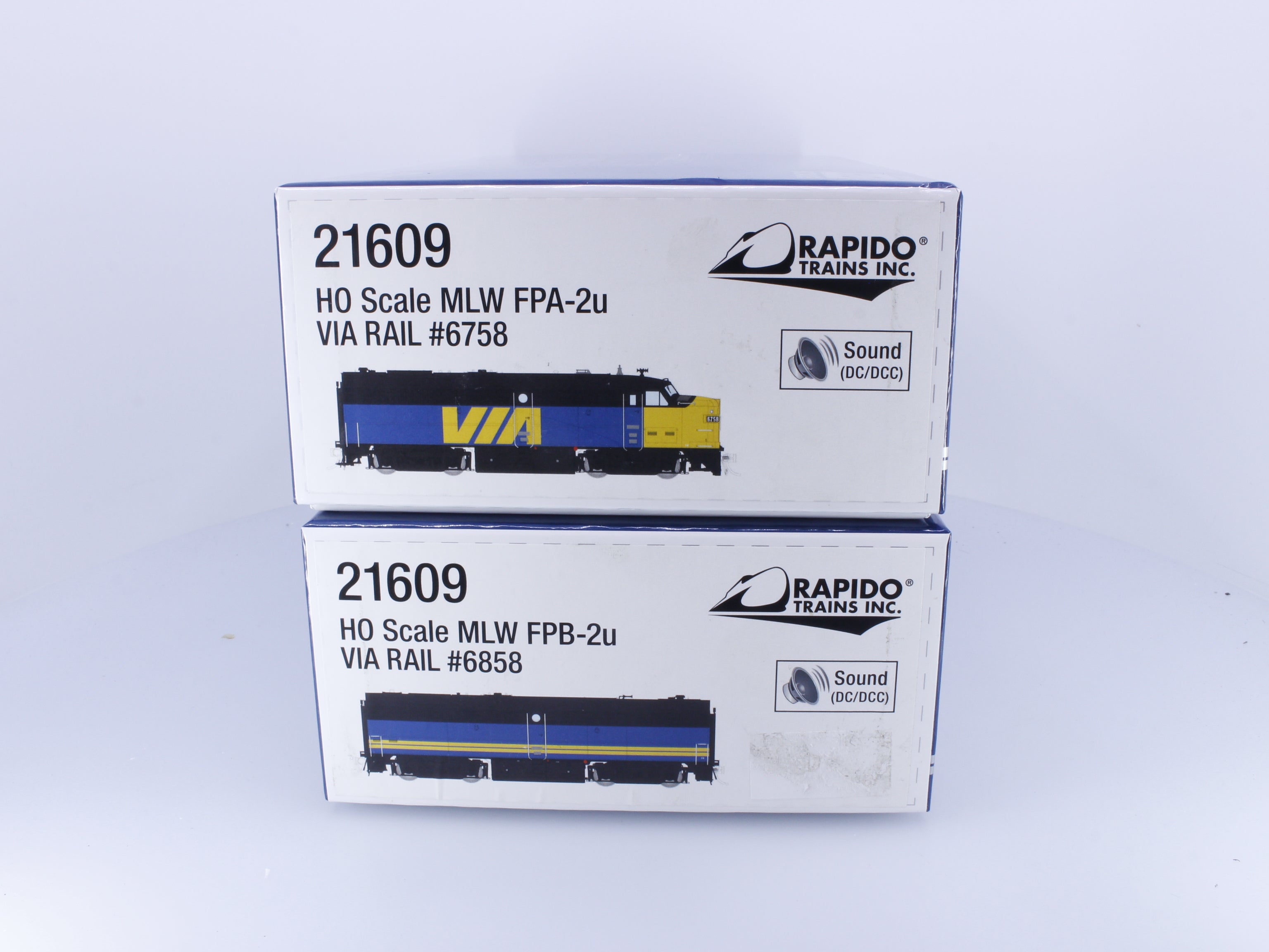 Rapido 21609 HO MLW FPA-2u and FPB-2u Diesel Locomotives Via Rail (VIA) 6758/6858 DCC & Sound