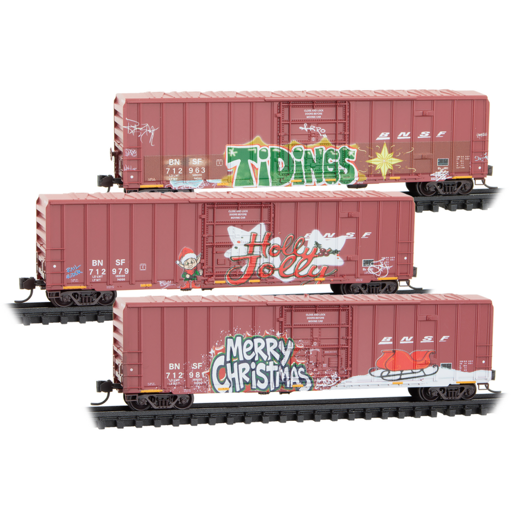 Micro Trains N 98302289 50' Rib-Side Plug-Door Boxcar No Roofwalk 3-Pack - BNSF Christmas Graffiti