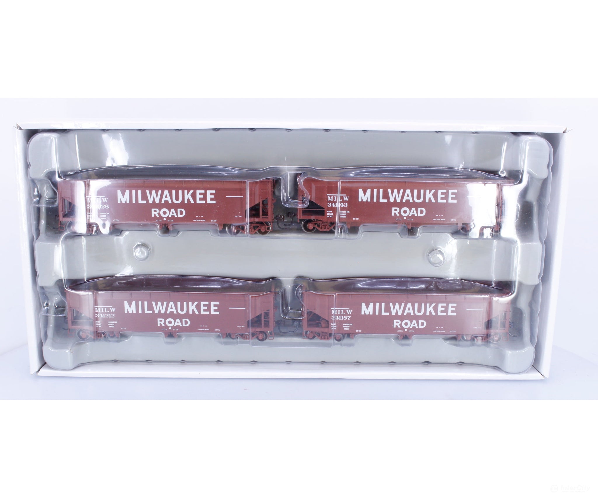 Athearn 95697 HO 4 Pack 40’ Offset Ballast Hopper. Milwaukee Road (MILW) 341212/026/187/143 - Freight Cars