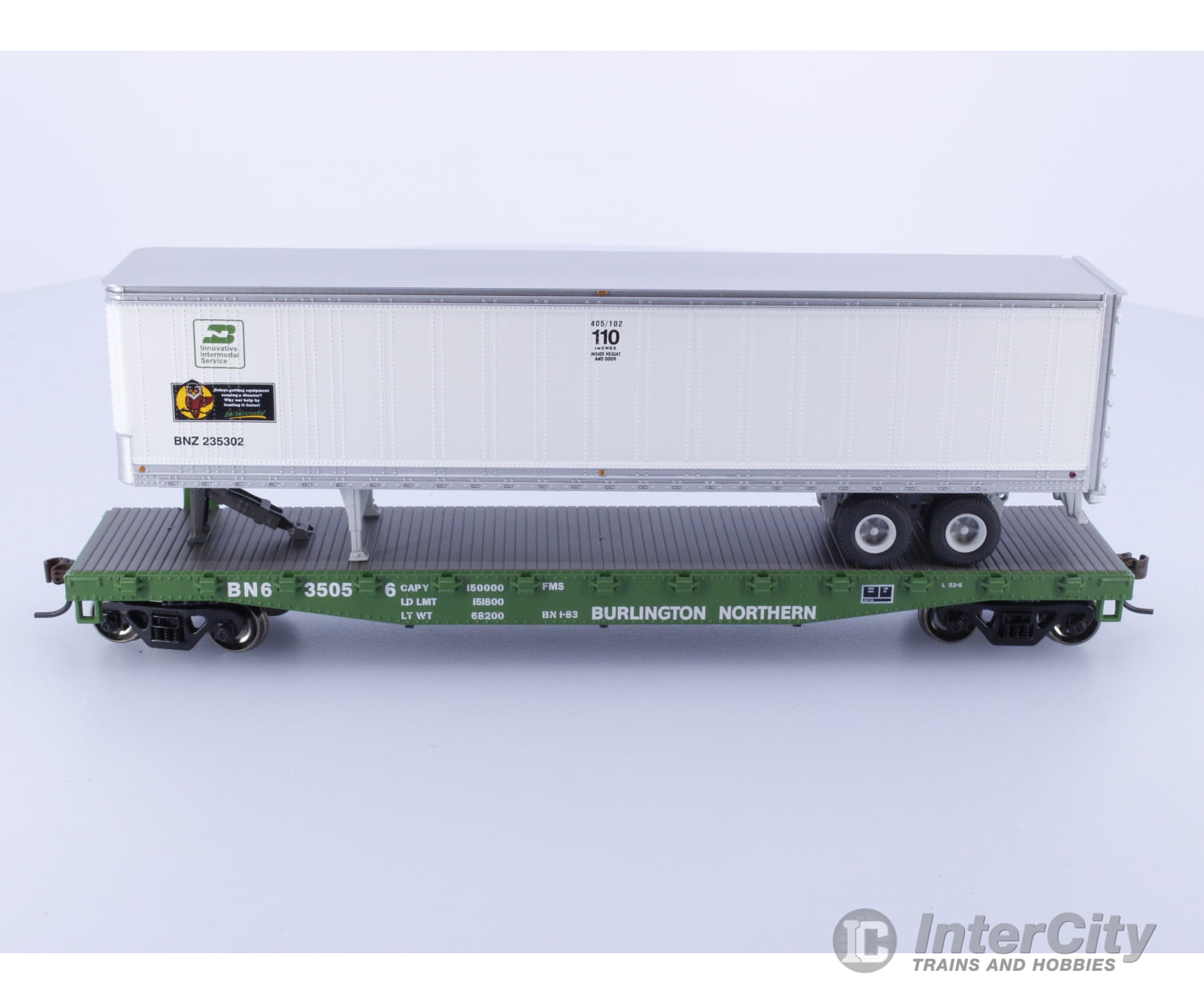 Athearn 97754 HO 50’ Flat car with 45’ trailer Burlington Northern (BN) 635056 Freight Cars