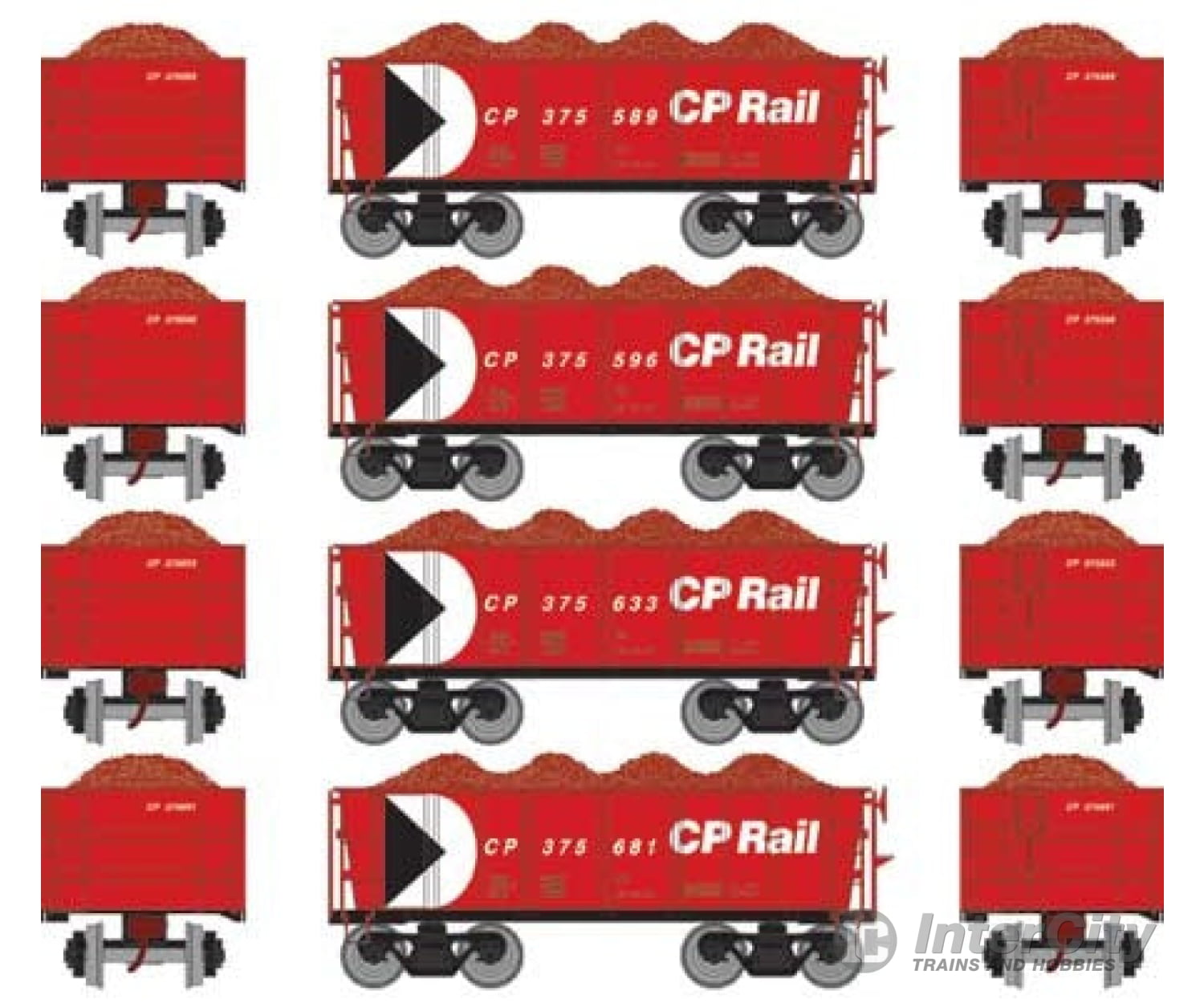 Athearn Ath97950 Ho 26 Foot Low Side Ore Gondola Car W/Load Cp Rail/Red (4 Pack #3) Freight Cars