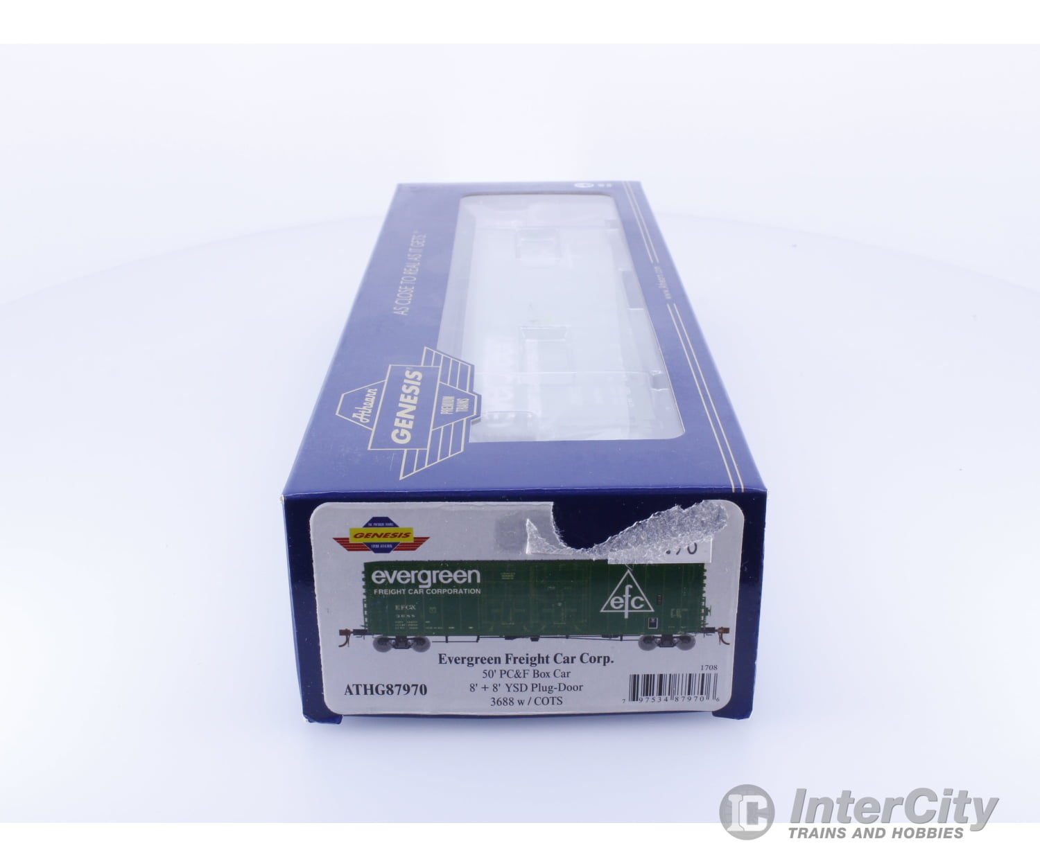 Athearn ATHG87970 HO Genesis 50’ PC&F Double YSD Plug Door Boxcar with COTS Evergreen Freight Car Corp 3688 Freight Cars