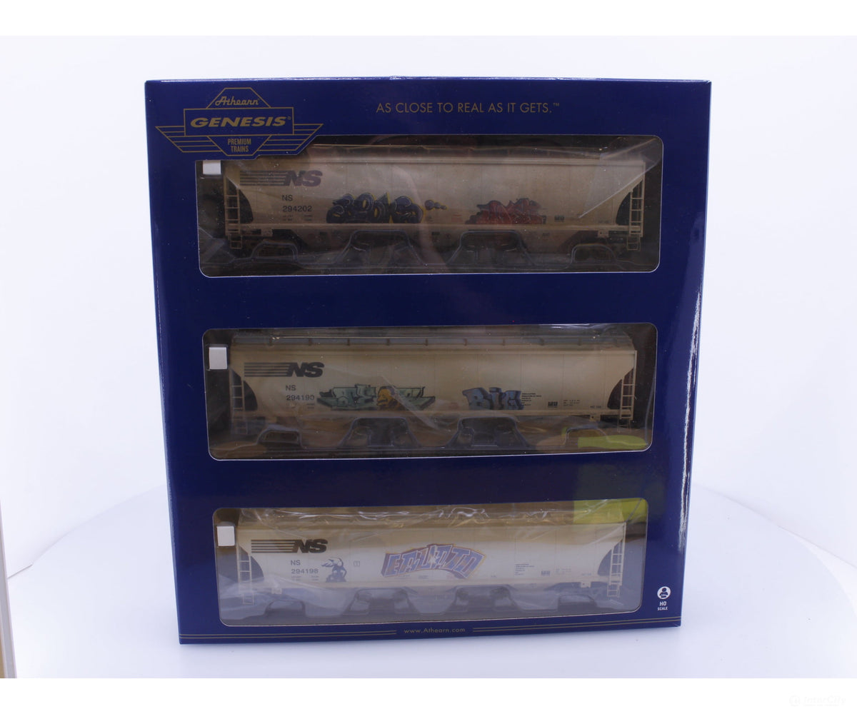 Athearn ATHG97170 HO 3 Piece Trinity Covered Hopper Set. Weathered with Graffiti Norfolk Southern (NS) 294190/198/202