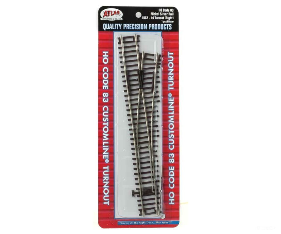 Atlas Ho 562 Code 83 Turnout W/Nickel-Silver Rail & Brown Ties - Custom Line(R) -- #4 Right Hand