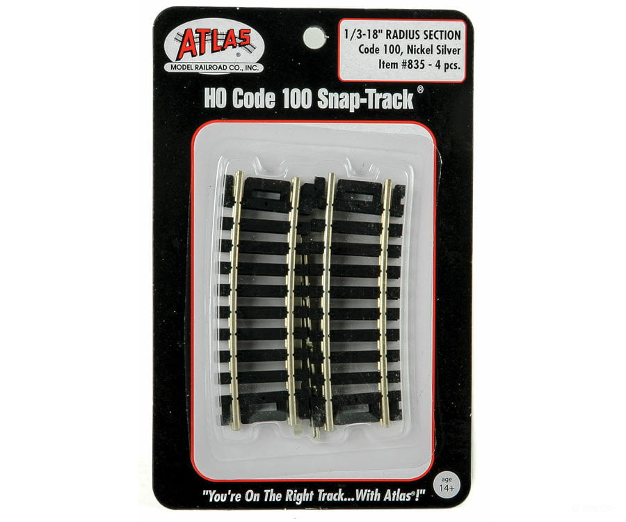 Atlas Ho 835 Code 100 Curved Snap-Track(R) Nickel-Silver Rail -- 1/3 Section 18 Radius (Black Ties)