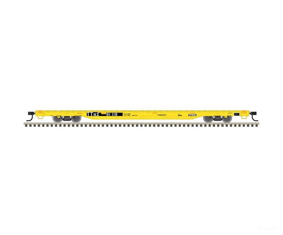 Atlas Trainman HO 20007976 68’ Flatcar - TTX TTMX #81124 (yellow black) - Freight Cars