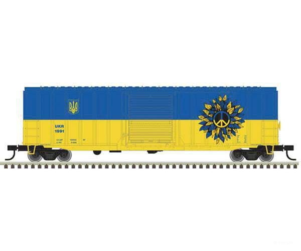 Atlas Trainman N 50006268 50 6 Boxcar - Ready To Run -- Ukraine #1991 (Peace Symbol; Blue Yellow)