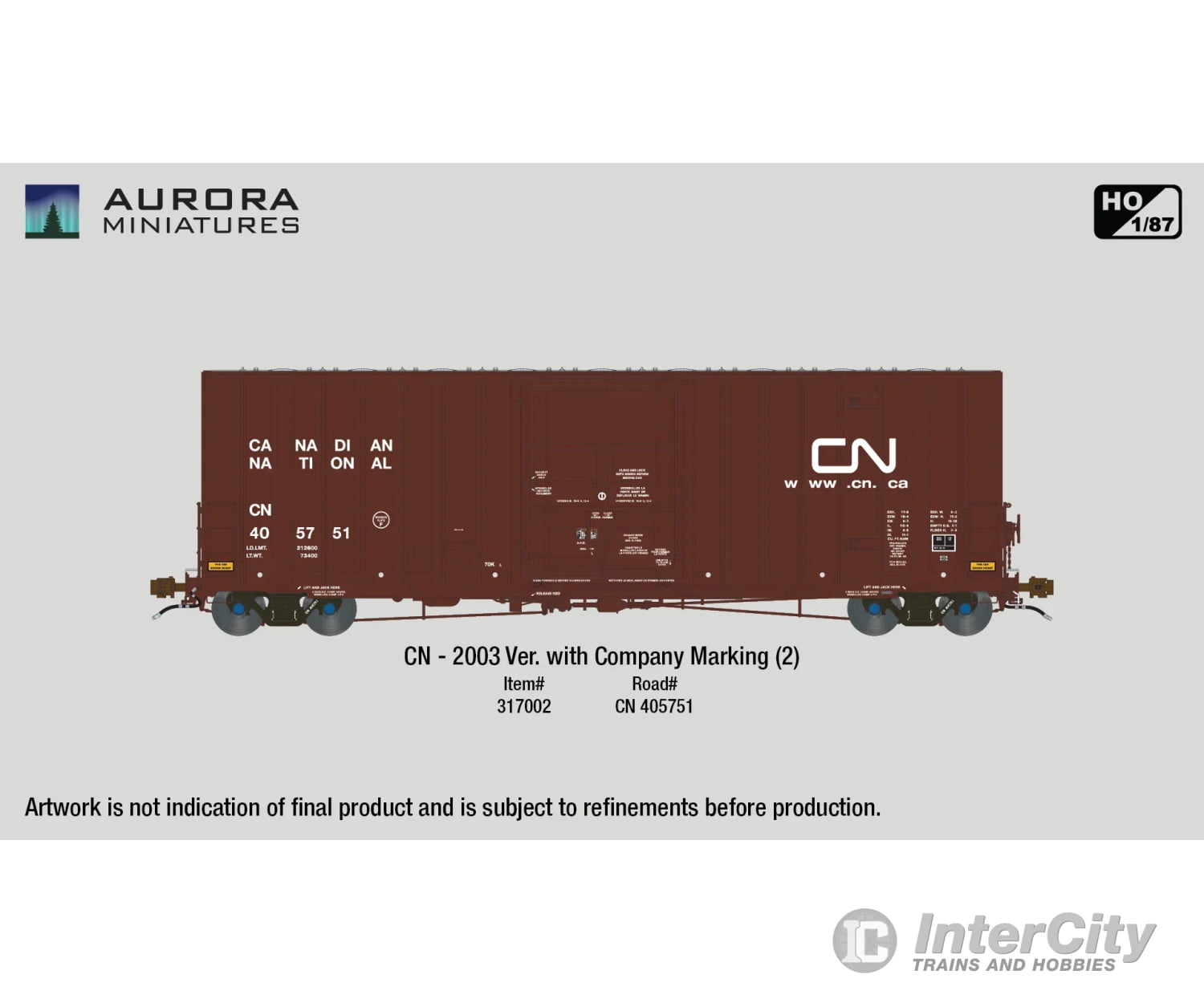 Aurora Miniatures 317002 Ho Transcona Shops 50’ Plate F Boxcar - Cn 405751 (2003 Delivery W/