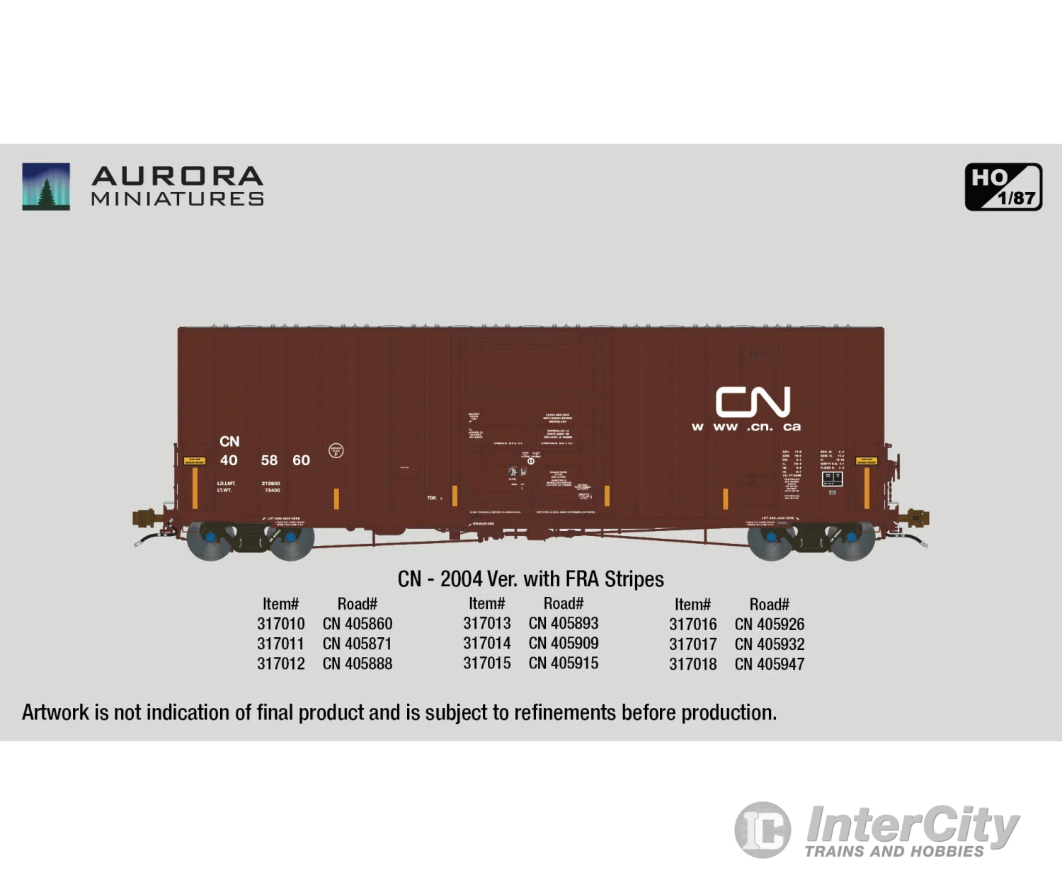 Aurora Miniatures 317011 Ho Transcona Shops 50’ Plate F Boxcar - Cn 405871 (2004 Delivery W/