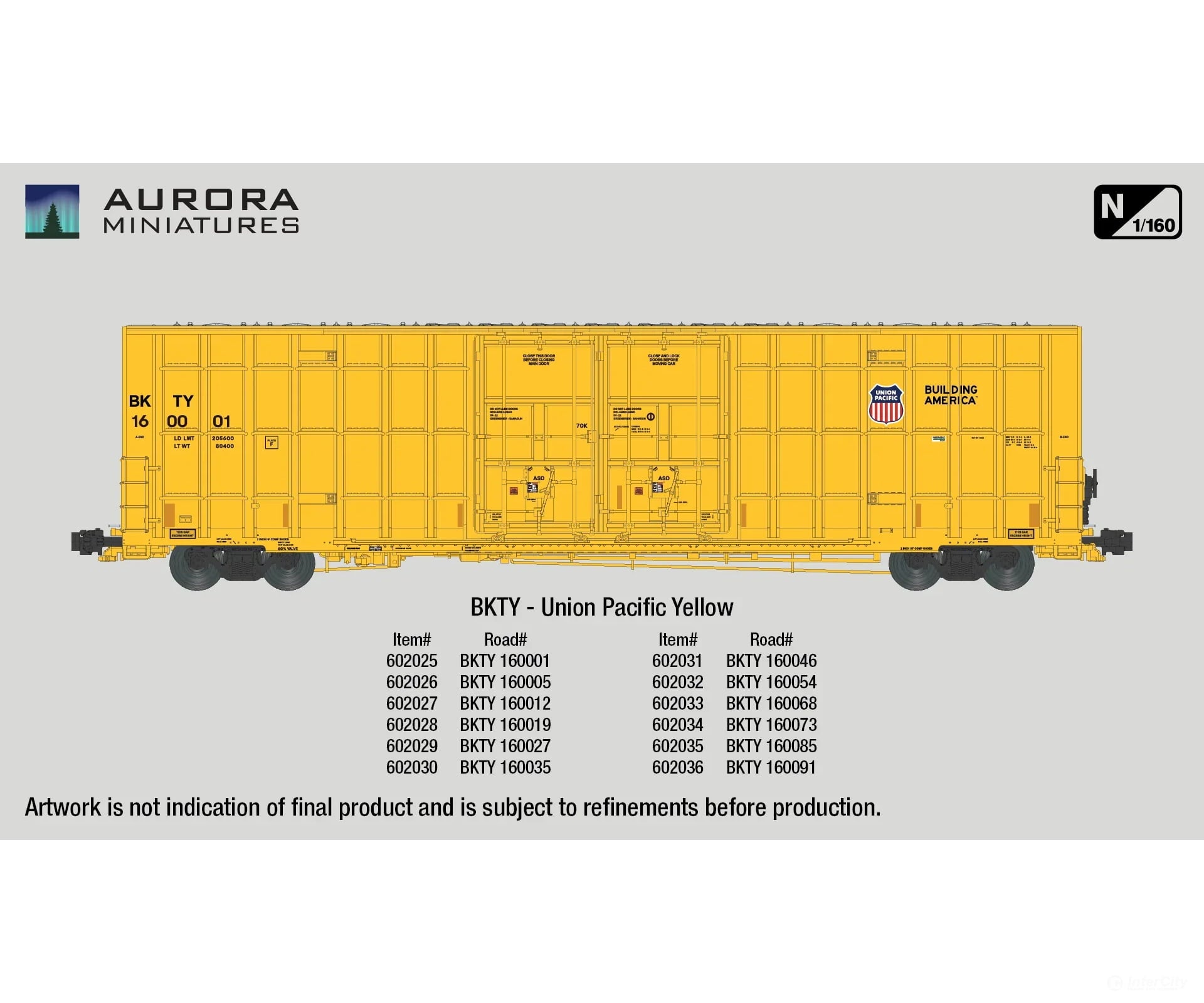 Aurora Miniatures 602028 N Greenbrier 7550 Cf 60’ Plate F Boxcar - Bkty 160019 (Up Yellow)
