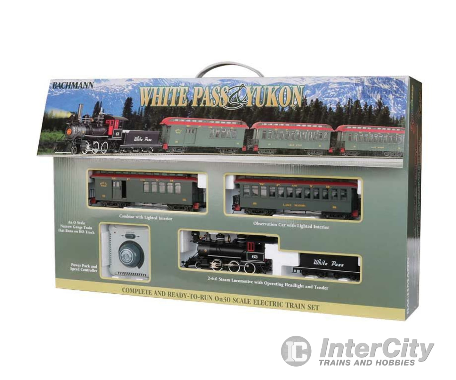 Bachmann 25024 White Pass & Yukon -- 2-6-0 Loco Wood Combine Coach; 56 X 38 Track Oval Power Pack