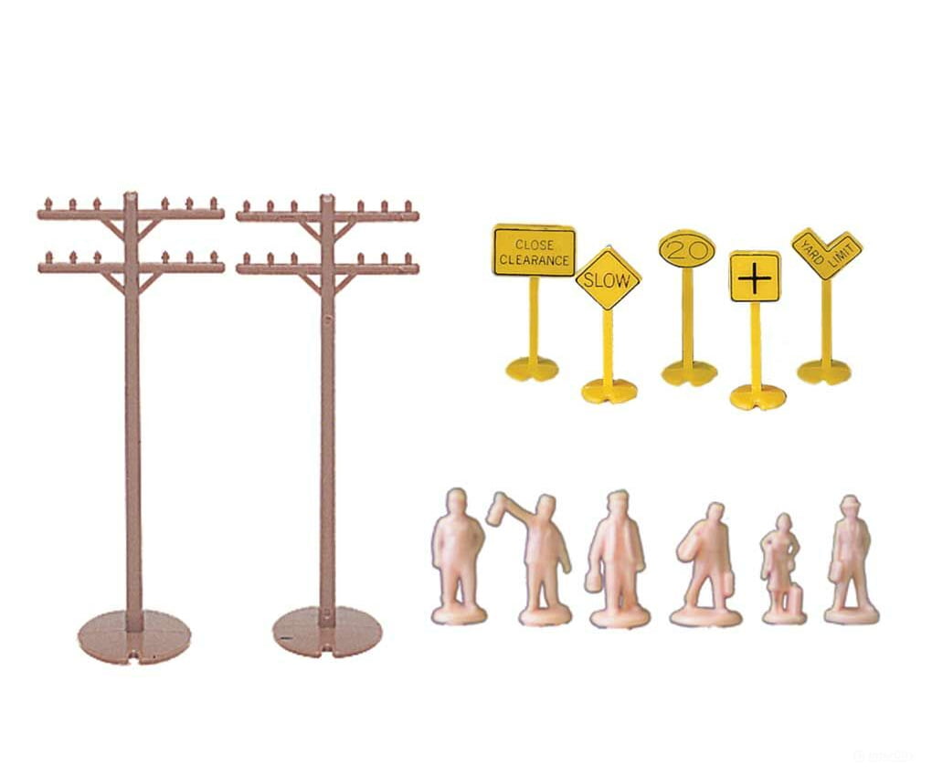 Bachmann 42104 Layout Accessories Assortment -- 12 Telephone Poles 24 Signs & Unpainted Figures