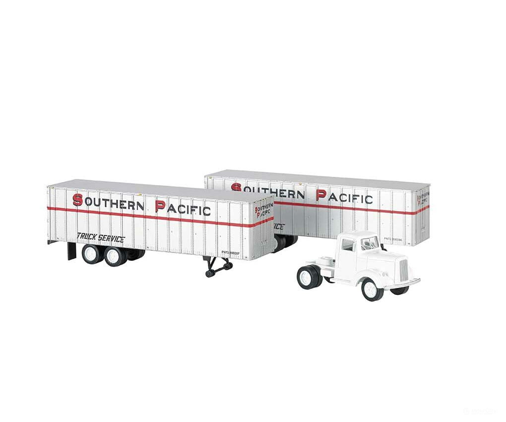 Bachmann 42231 White Tractor W/2 Piggyback Van Trailers - Assembled -- Southern Pacific (White Red