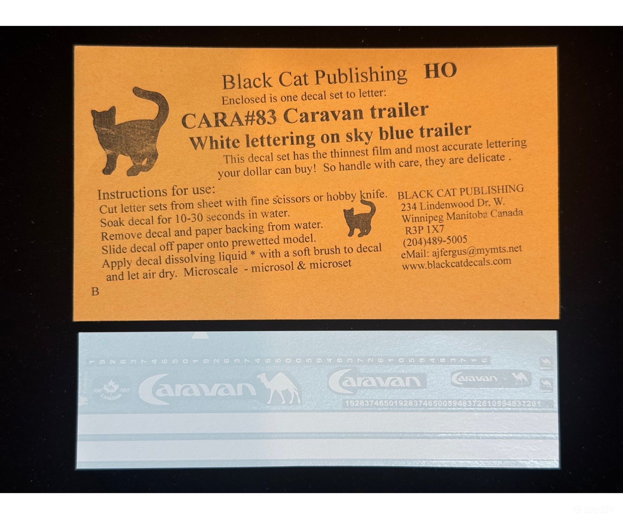 Black Cat Decals CARA83-H HO Caravan Trailer White Lettering on Sky Blue Trailer - Decals