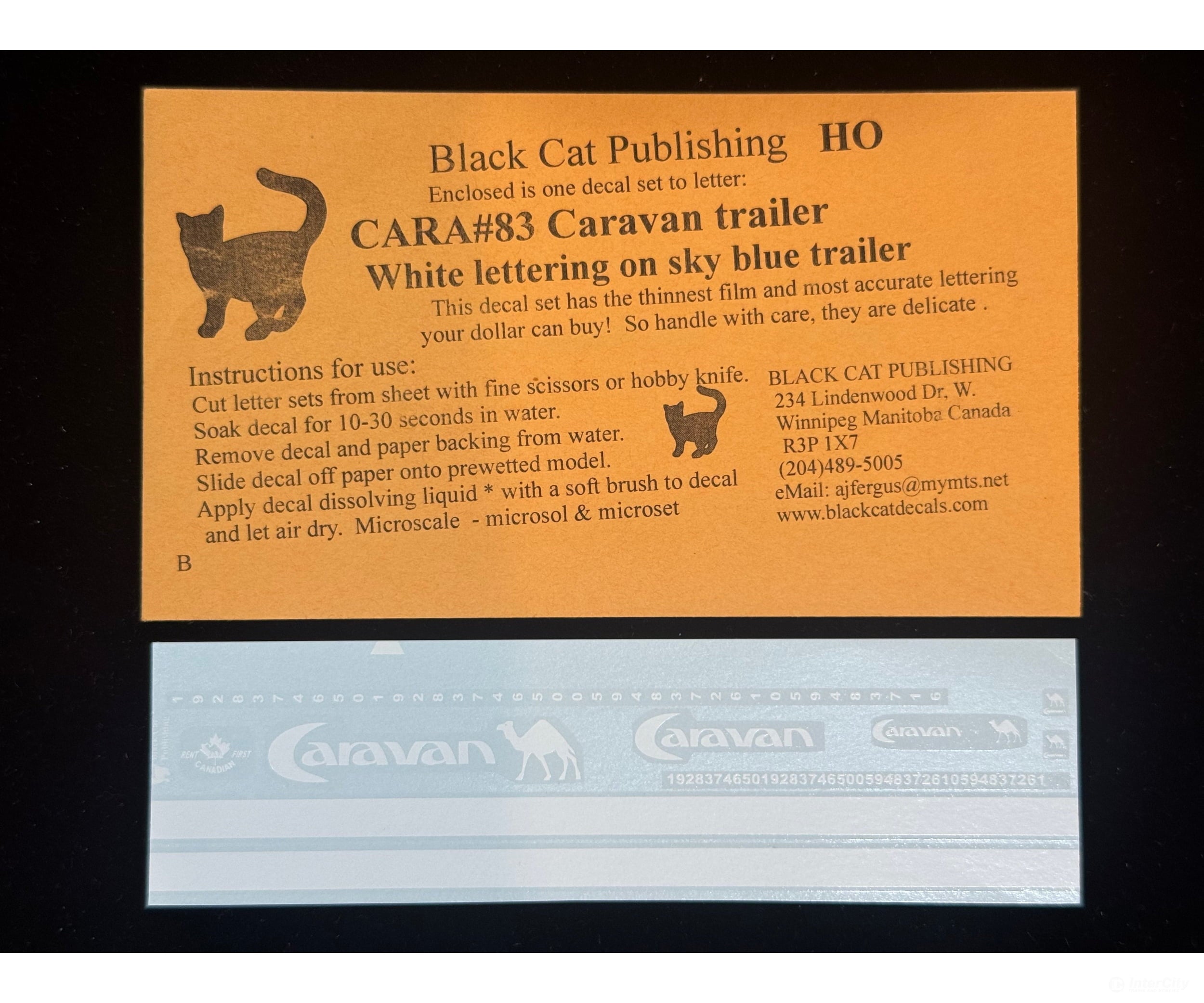 Black Cat Decals CARA83-H HO Caravan Trailer White Lettering on Sky Blue Trailer - Decals