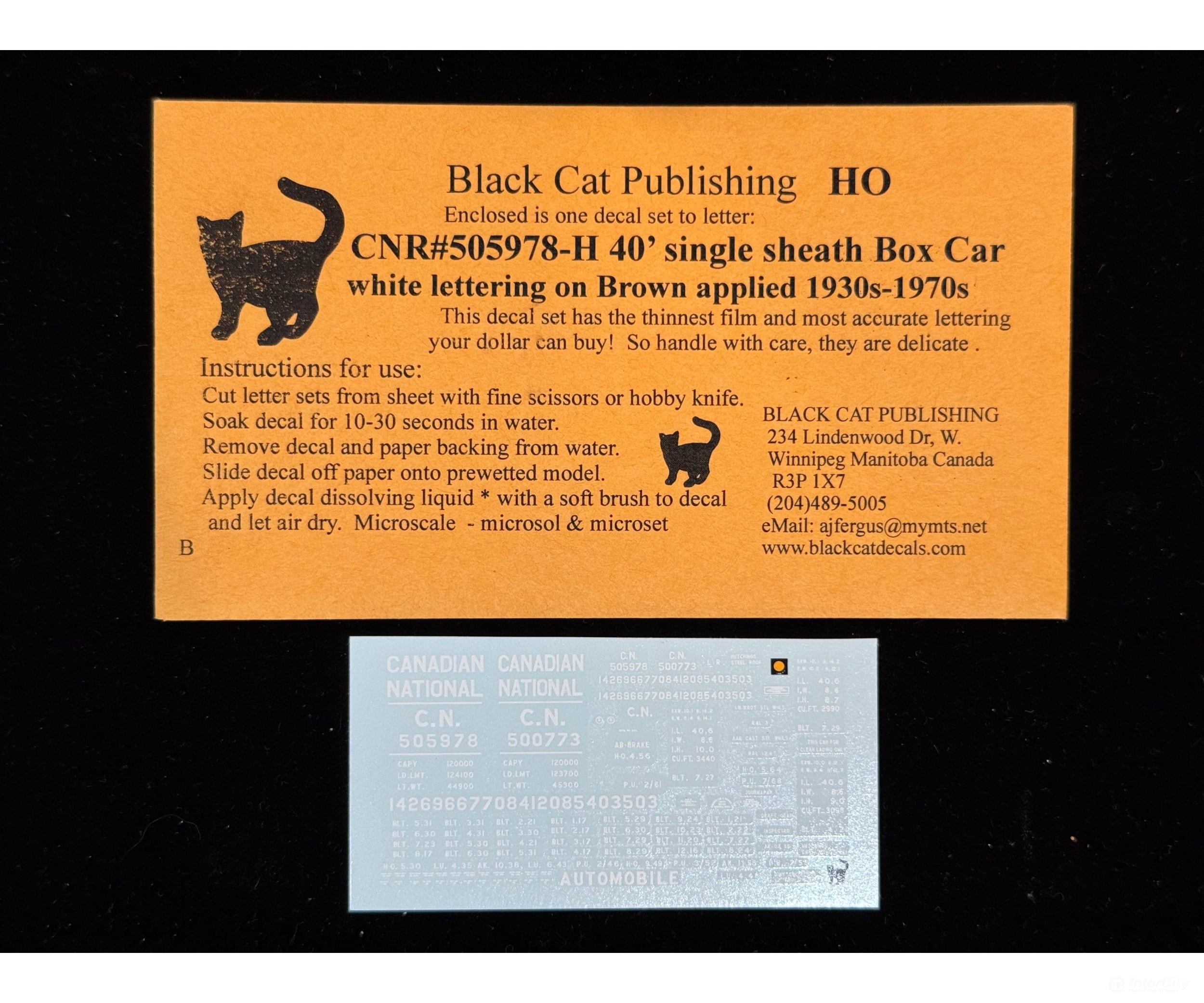 Black Cat Decals CNR505978-H HO 40’ Single Sheath Box Car White Lettering on Brown 1930’s-1970’s - Decals