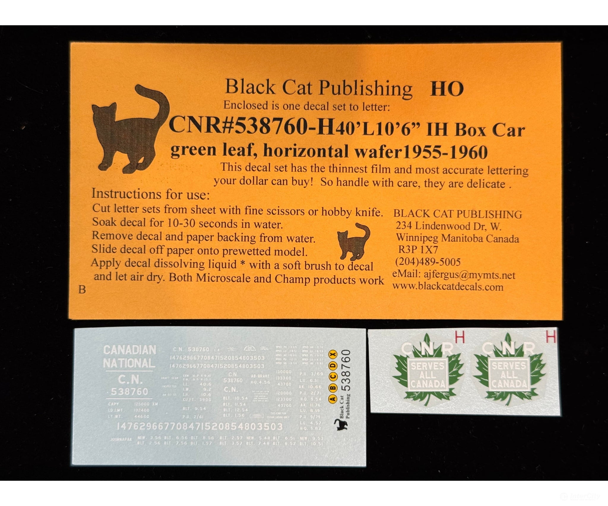 Black Cat Decals CNR538760-H HO CNR 40’ L10’6’’ IH Box Car Green Leaf Horizontal Wafer 1955-1960 - Decals