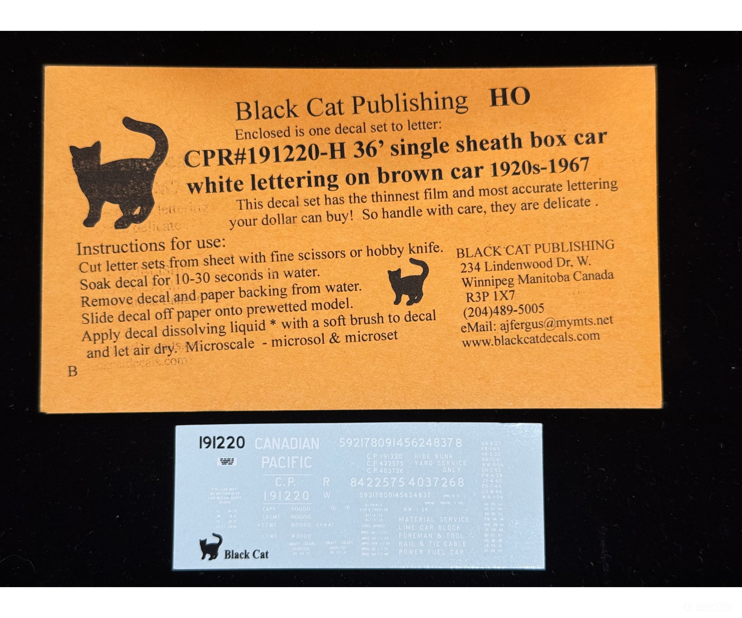 Black Cat Decals CPR191220-H HO 36’ Single Sheath Box Car White Lettering on Brown Car 1920’s-67 - Decals
