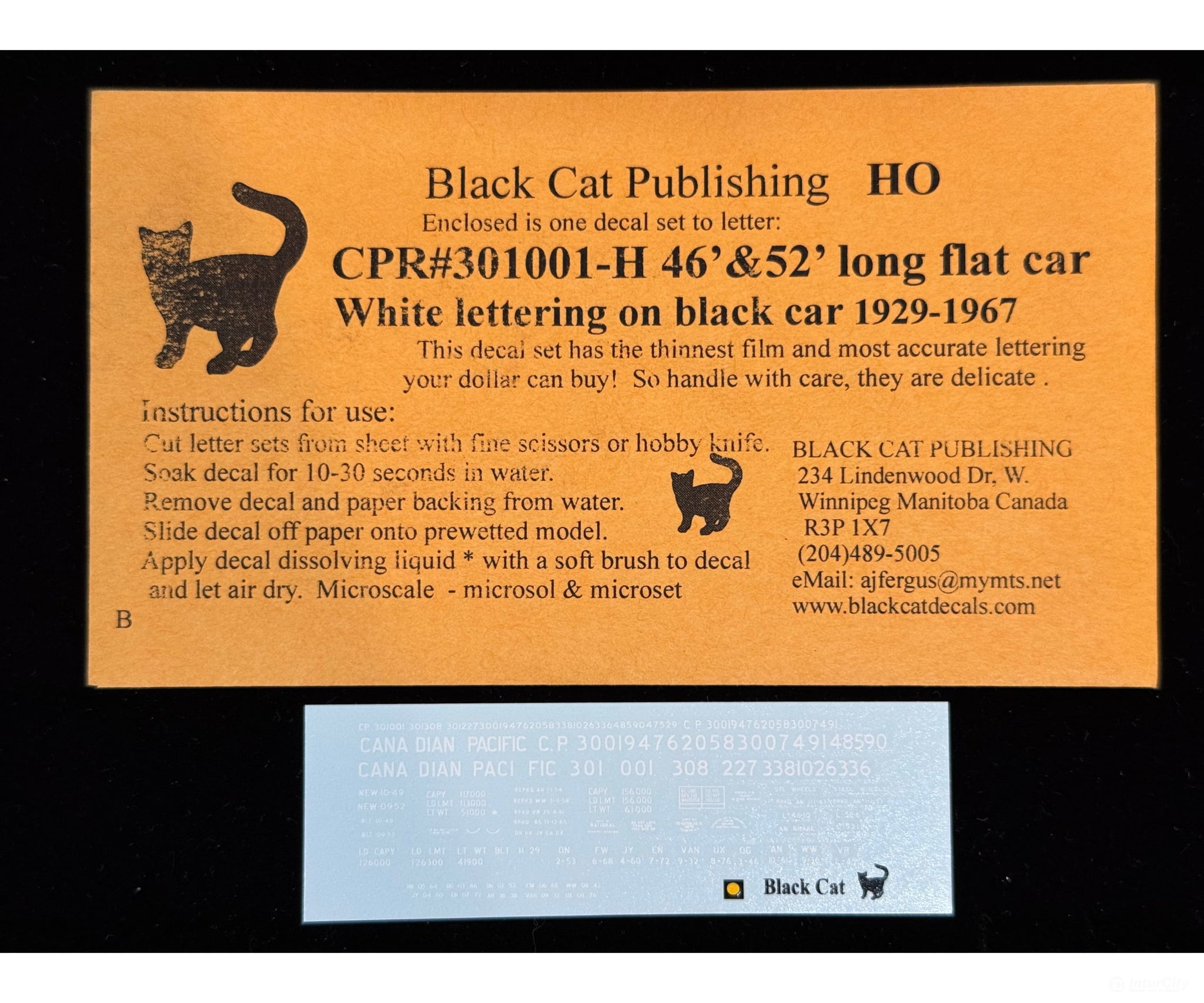 Black Cat Decals CPR301001-H HO 46’ & 52’ Long Flat Car White Lettering on Black Car 1929-1967 - Decals