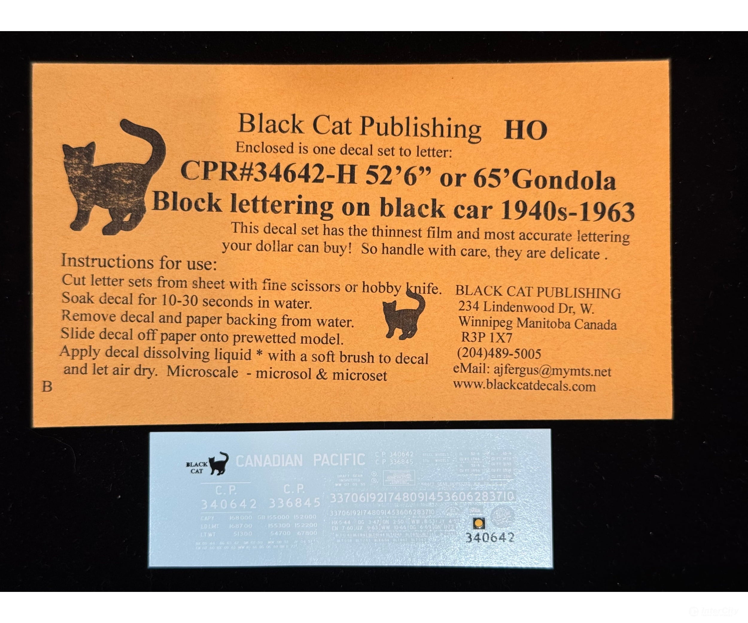 Black Cat Decals CPR340642-H HO 52’6’’ & 65’ Gondola Block Lettering on Black Car 1940’s-1963 - Decals