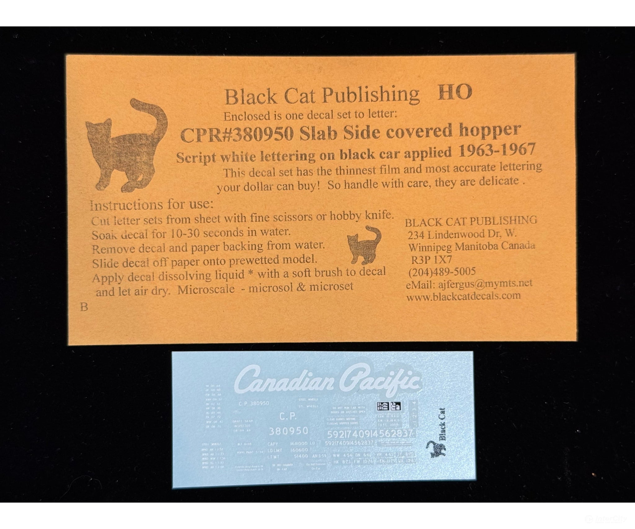 Black Cat Decals CPR380950 HO Slab Side Covered Hopper Script White Lettering on Black Car 1963-1967 - Decals