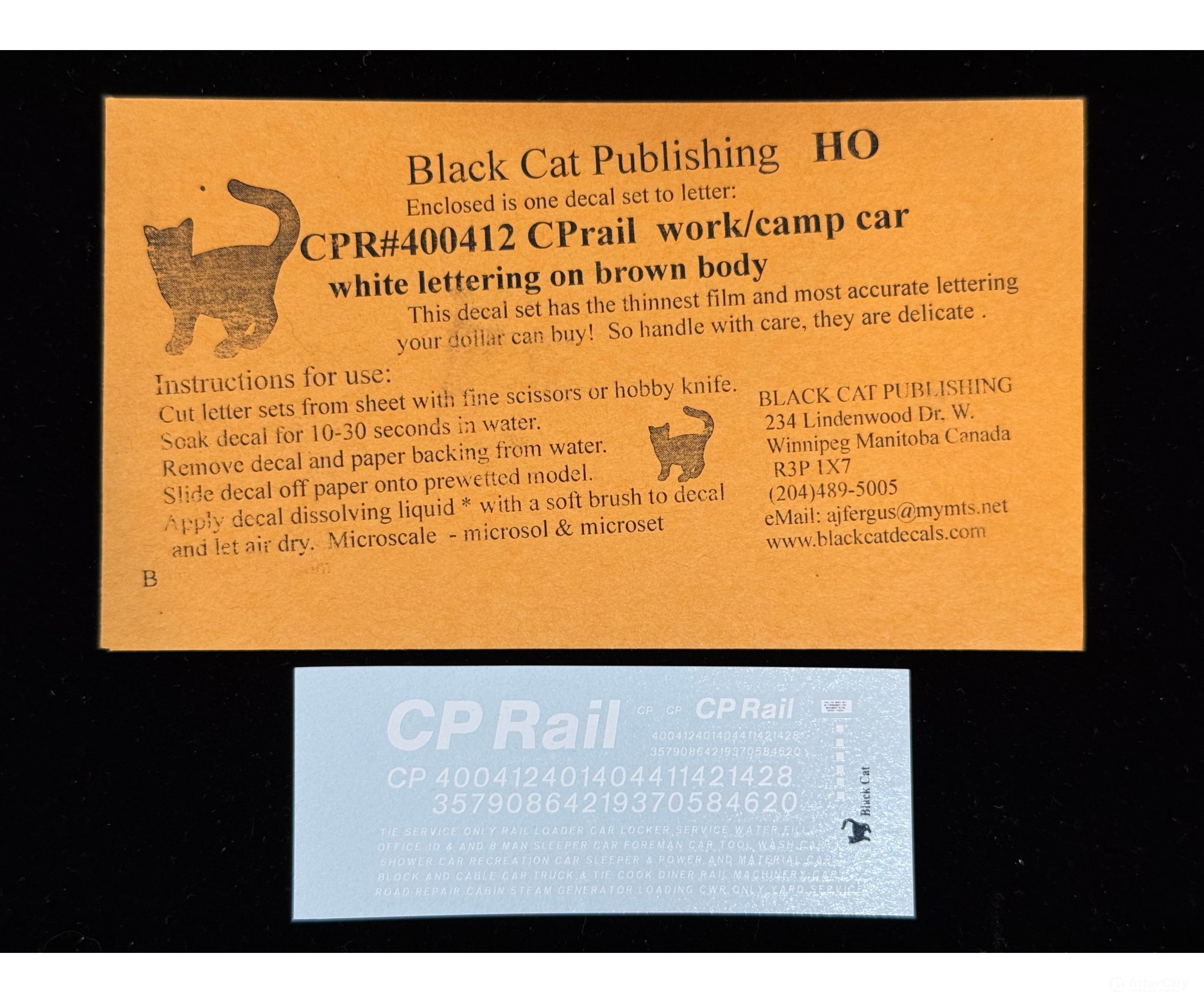 Black Cat Decals CPR400412 HO CP Rail Work/Camp Car White Lettering on Brown Body - Decals