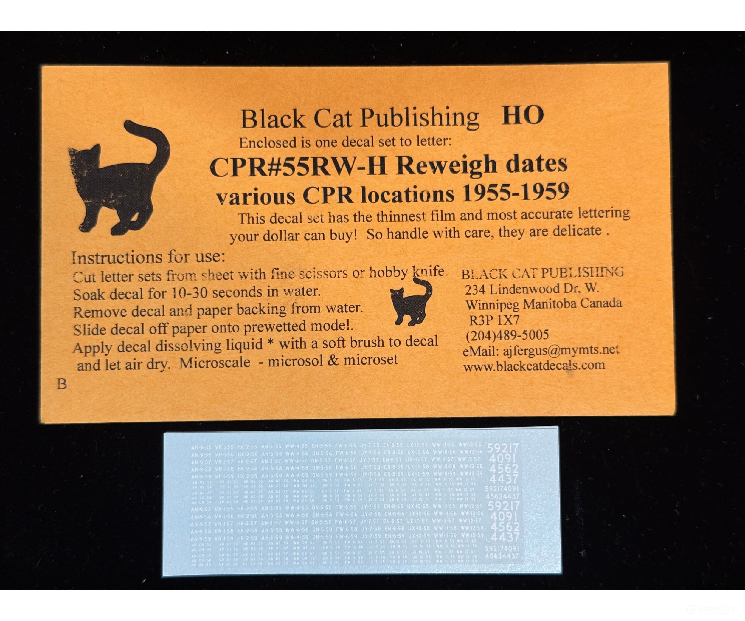 Black Cat Decals CPR55RW-H HO Scale Reweigh Dates various CPR Locations 1955-59 - Decals