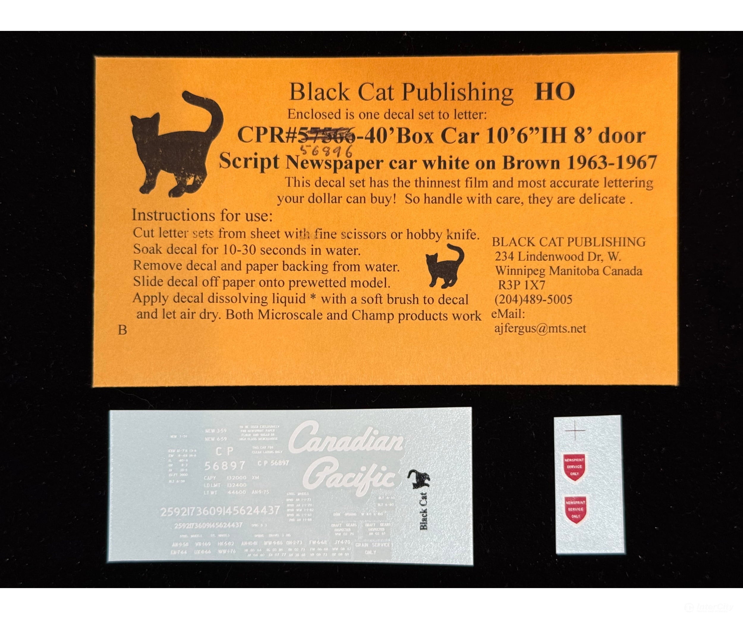 Black Cat Decals CPR56896 HO 40’ Box Car 10’6’’ IH 8’ Door Script Newspaper Car 1963-1967 - Decals