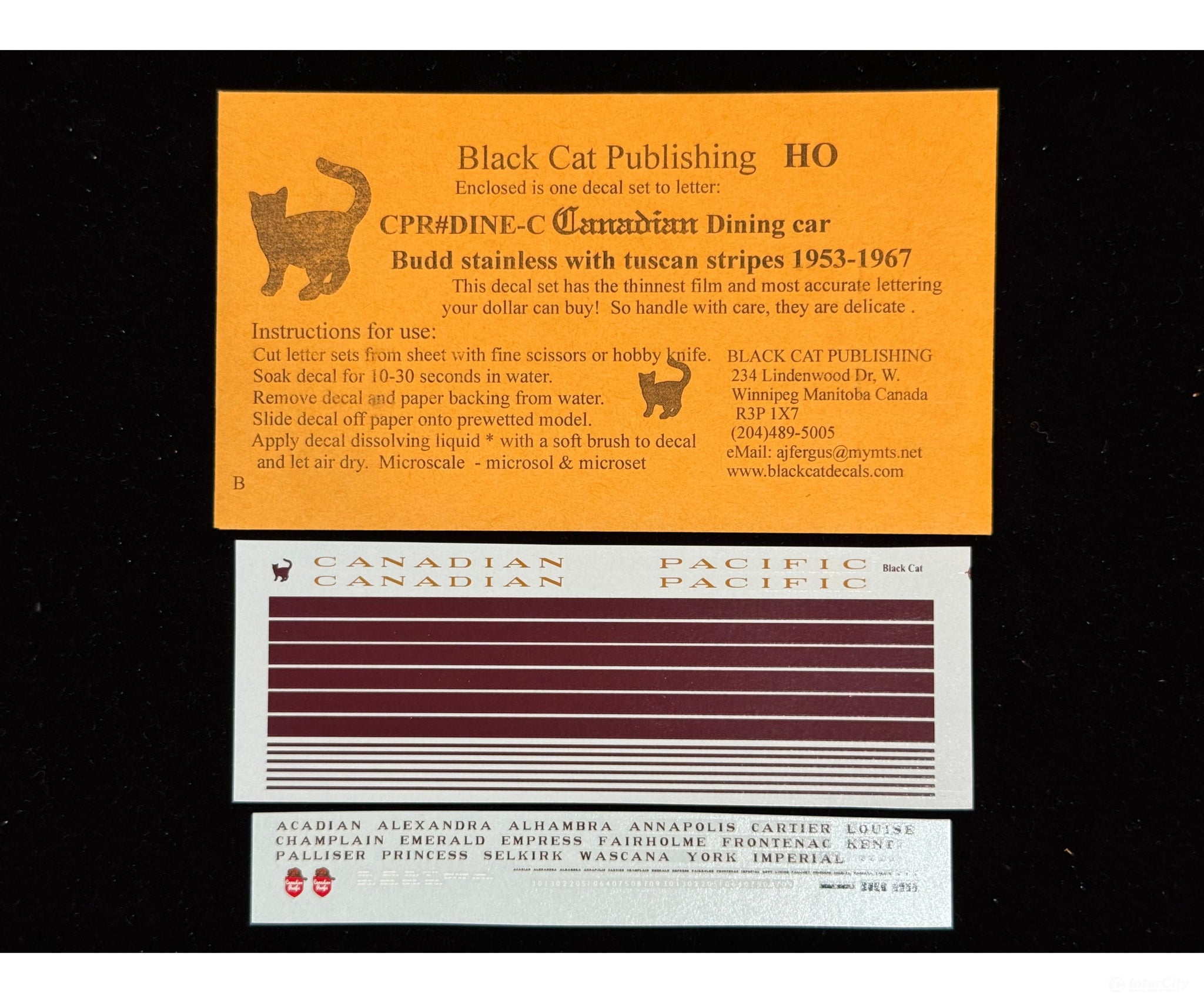 Black Cat Decals CPRDINE-C HO CANADIAN Dining Car Budd Stainless with Tuscan Stripes 1953-1967 - Decals