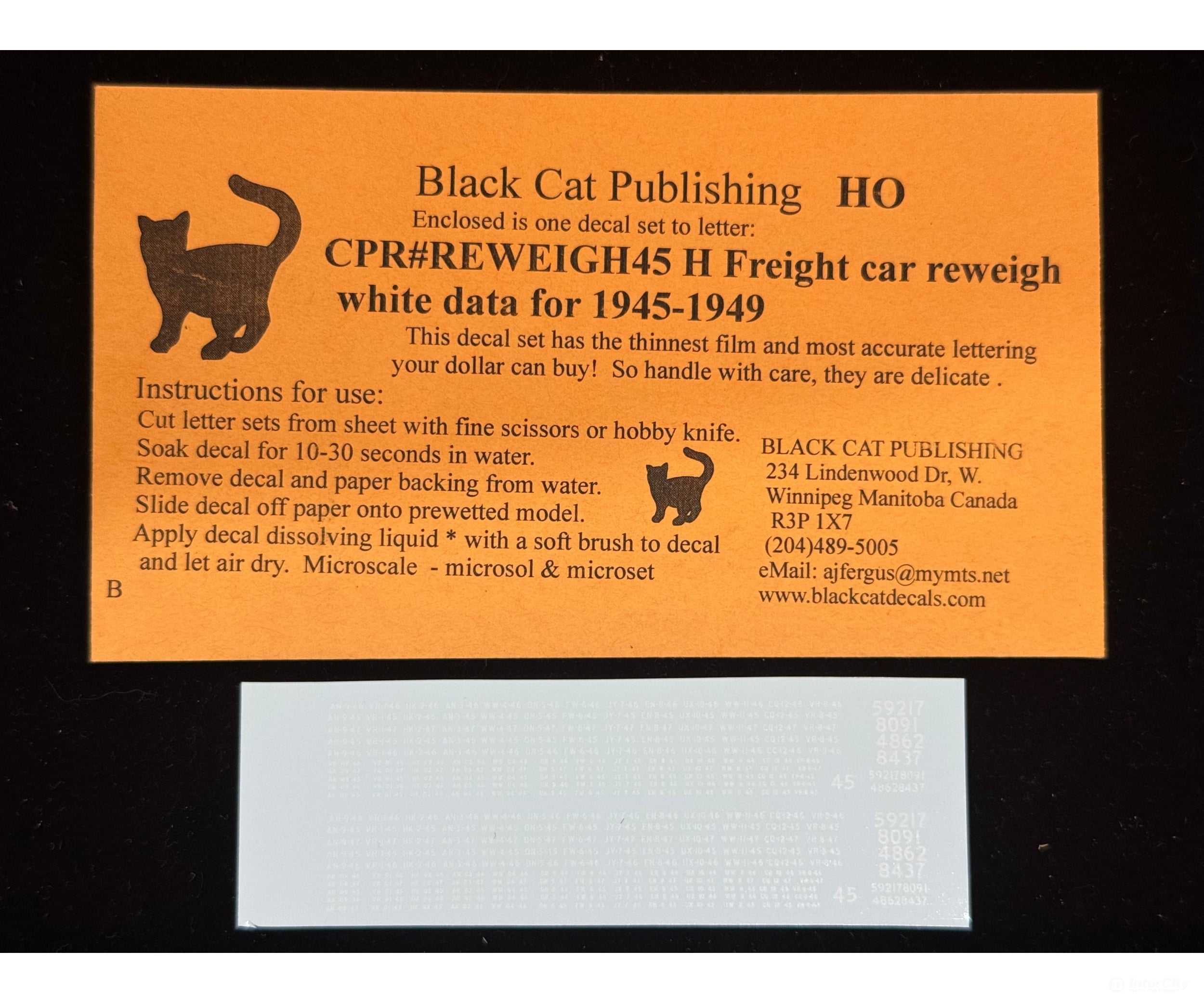 Black Cat Decals CPRREWEIGH45-H HO Freight Car Reweigh White Data for 1945-1949 - Decals