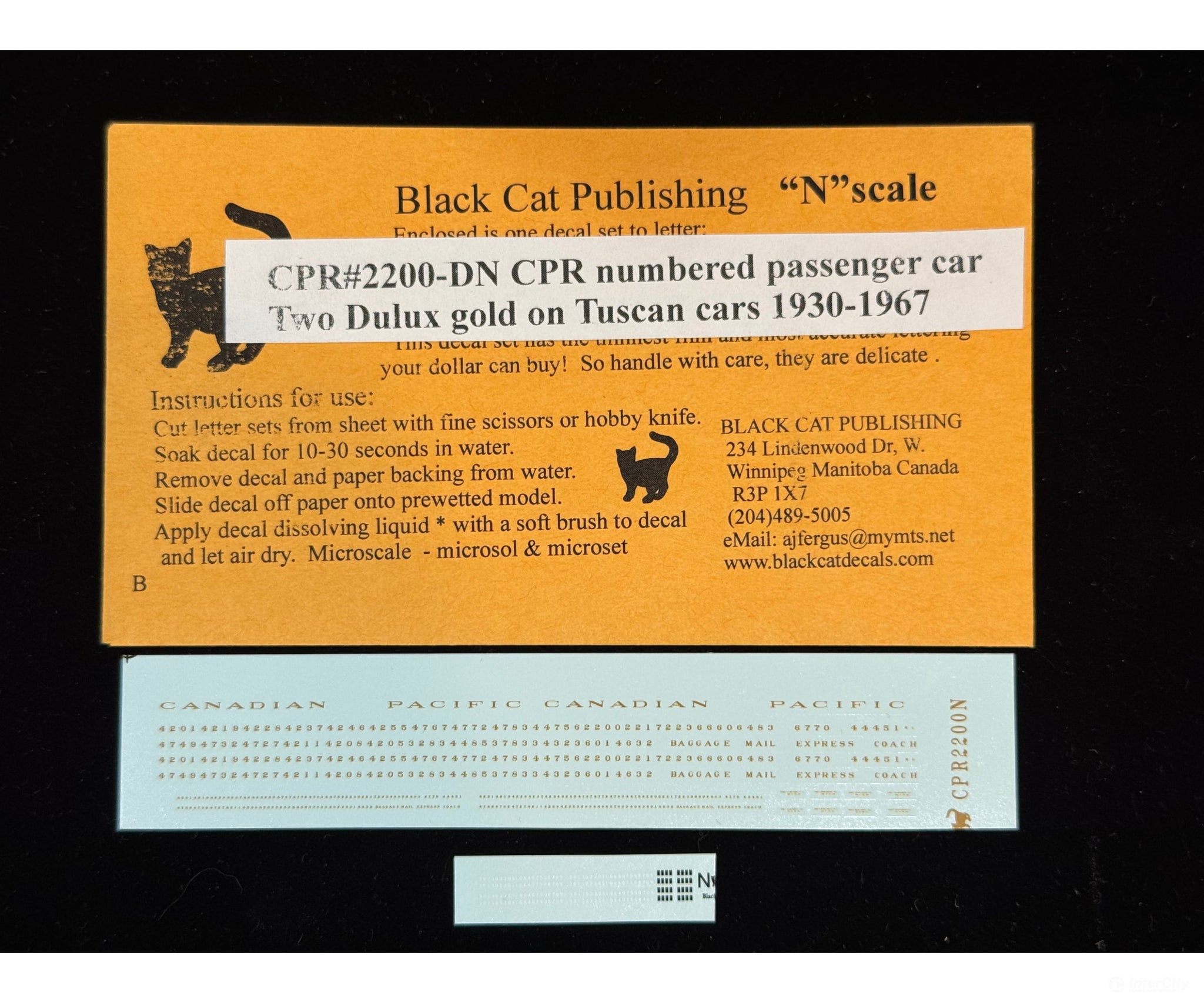 Black Cat Decals CPR2200-DN CPR N scale numbered passenger car Two Dulux Gold on Tuscan cars 1930-67 - Decals