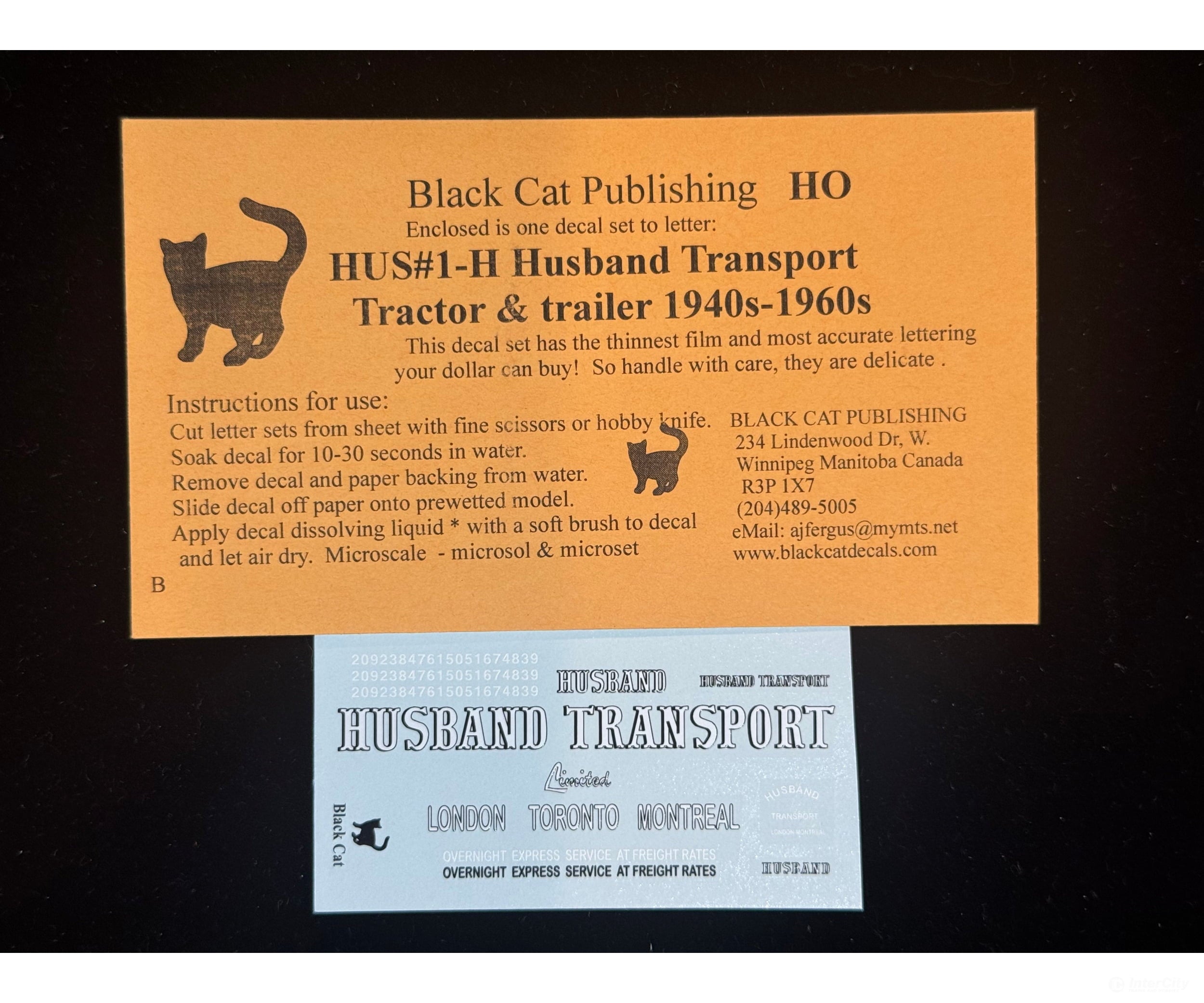 Black Cat Decals HUS1-H HO Husband Transport Tractor & Trailer 1940’s-1960’s - Decals
