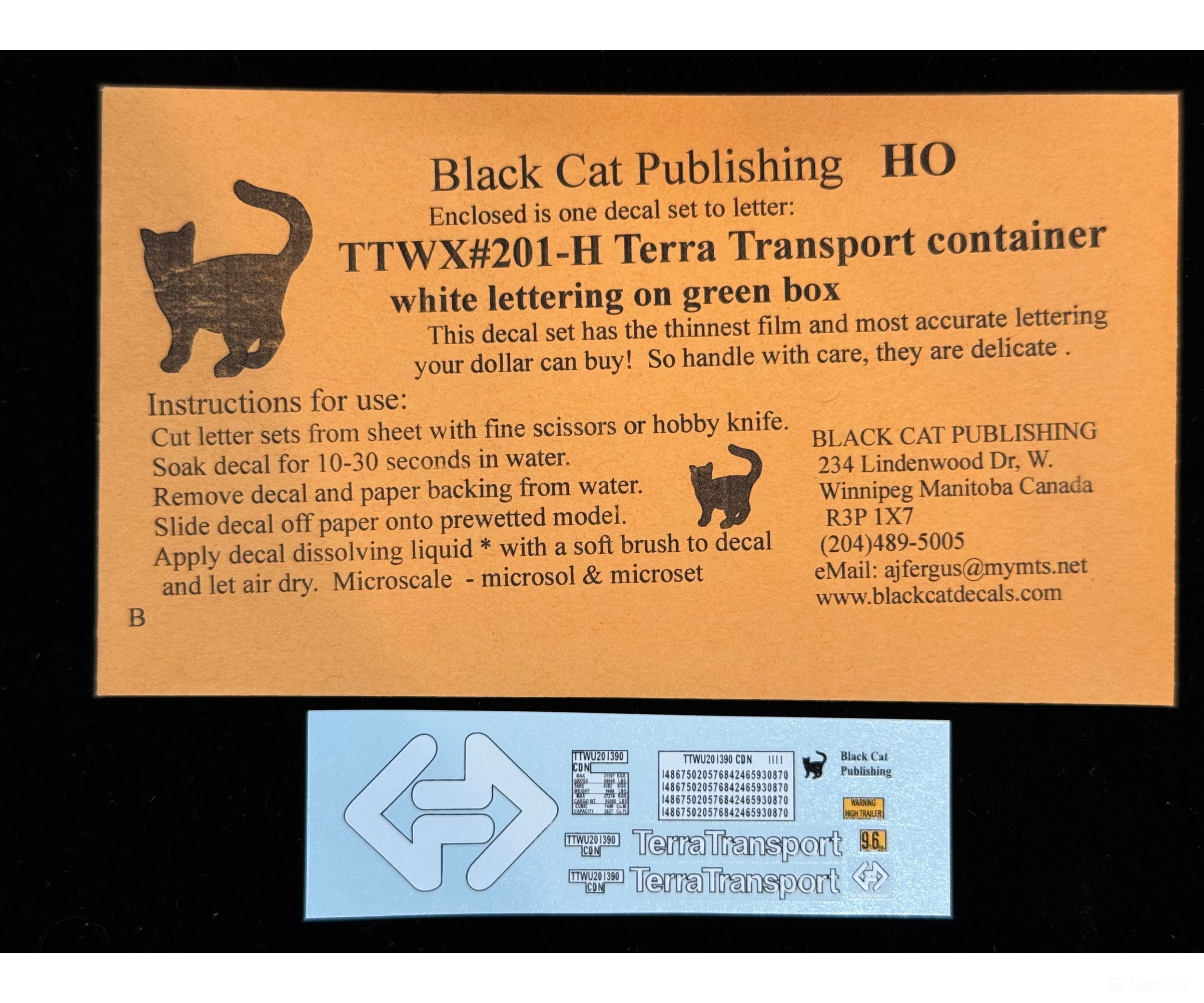 Black Cat Decals TTWX201-H HO Terra Transport Container White Lettering on Green Box - Decals