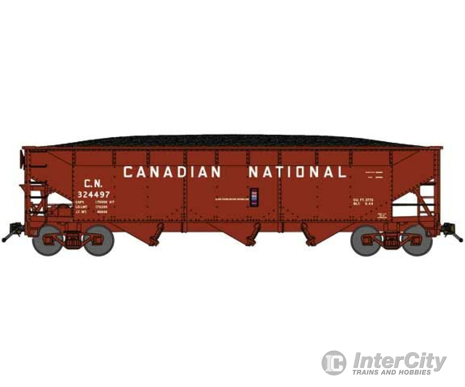 Bluford Shops N 74030 70-Ton Offset-Side 3-Bay Hopper W/Load Canadian National #324497 (Boxcar Red