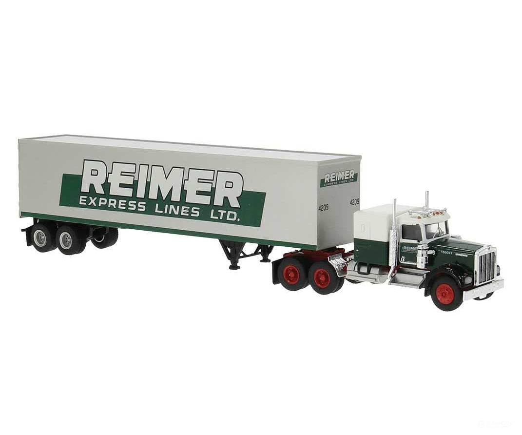 Brekina HO 86258 Kenworth W900 Semi Tractor w/Sleeper Cab and Van Trailer - Assembled - Reimer (white green) Cars &