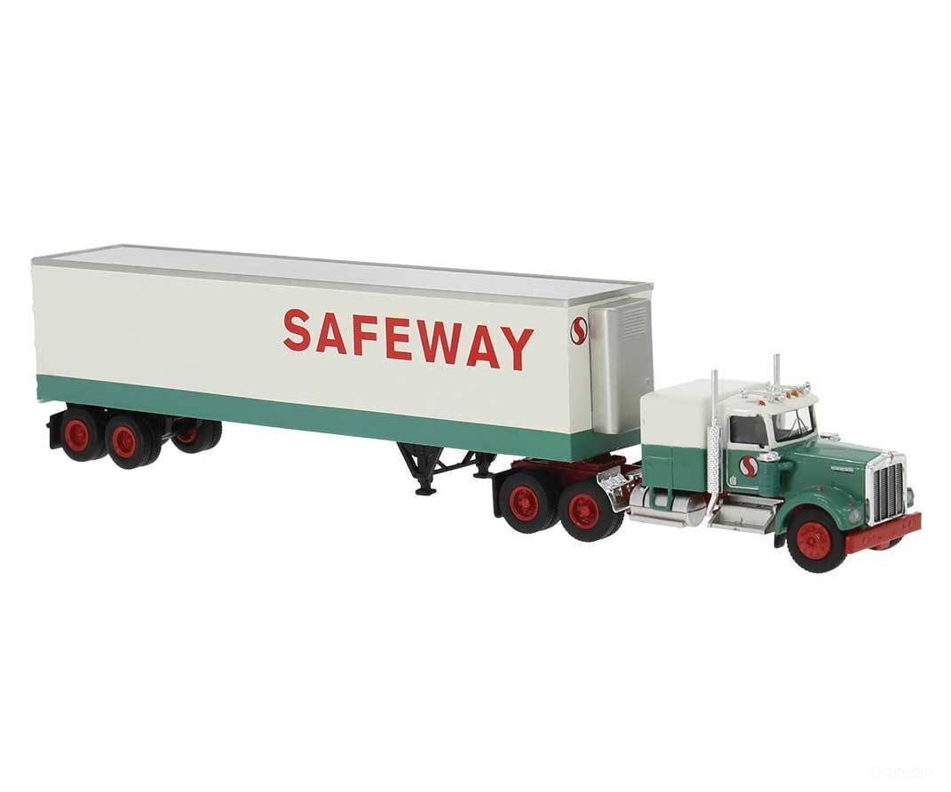 Brekina HO 86259 Kenworth W900 Semi Tractor w/Sleeper Cab & Reefer Trailer - Assembled - Safeway (white green red)