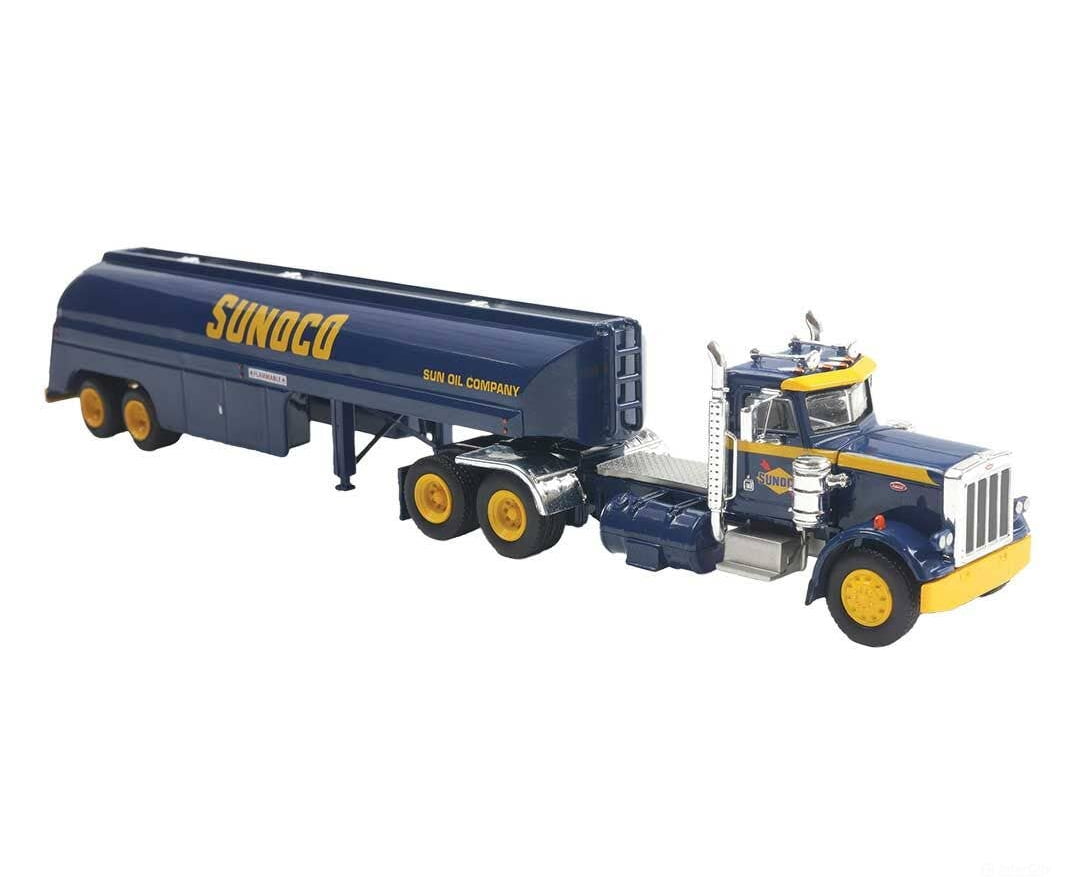 Brekina HO 86296 Peterbilt 359 Semi Tractor with Tank Trailer - Assembled - Sunoco (blue yellow) - Cars & Trucks