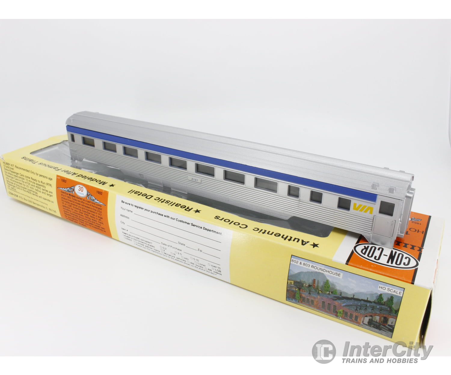 Con Cor 70111 Ho 85’ Fluted Side Coach Passenger Car Via Rail (Via) 8101 Cars