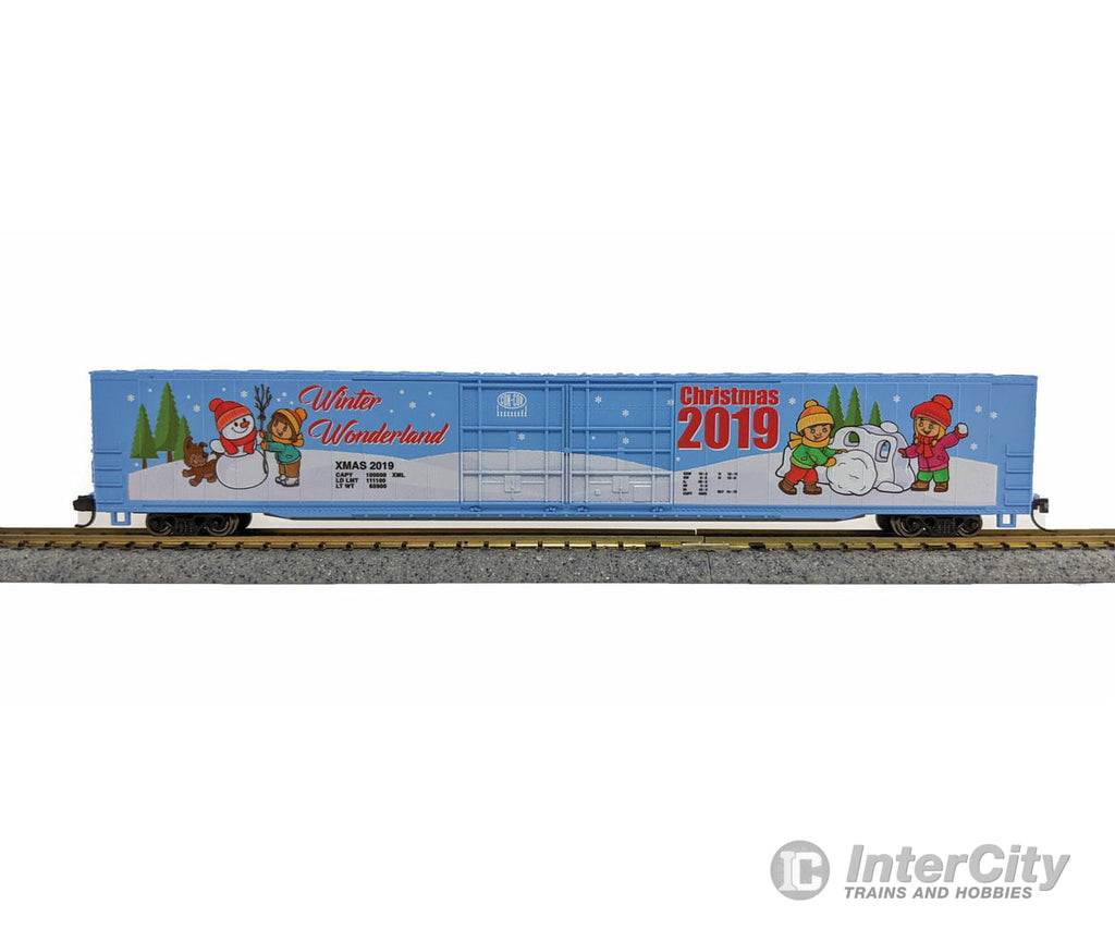Con-Cor N 7000 85 Boxcar - Ready To Run -- Christmas 2019 Winter Wonderland (Blue Color Graphics)