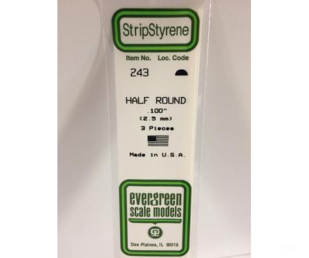 Evergreen 243 Half Round-.100 (3/Pk) Scratch Building Supplies