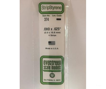 Evergreen 374 24 White Strips- .080X.625 (4/Pk) Scratch Building Supplies
