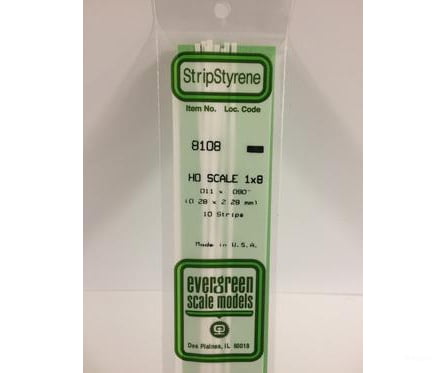 Evergreen 8108 Ho Strips-1X8 (10/Pk) Scratch Building Supplies