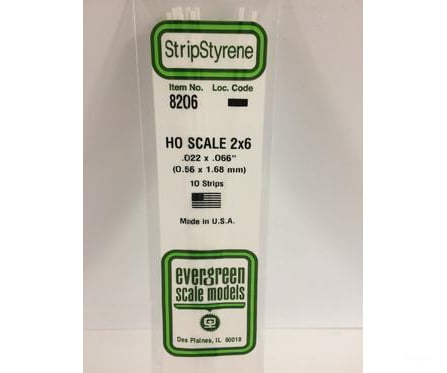 Evergreen 8206 Ho Strips-2X6 (10/Pk) Scratch Building Supplies