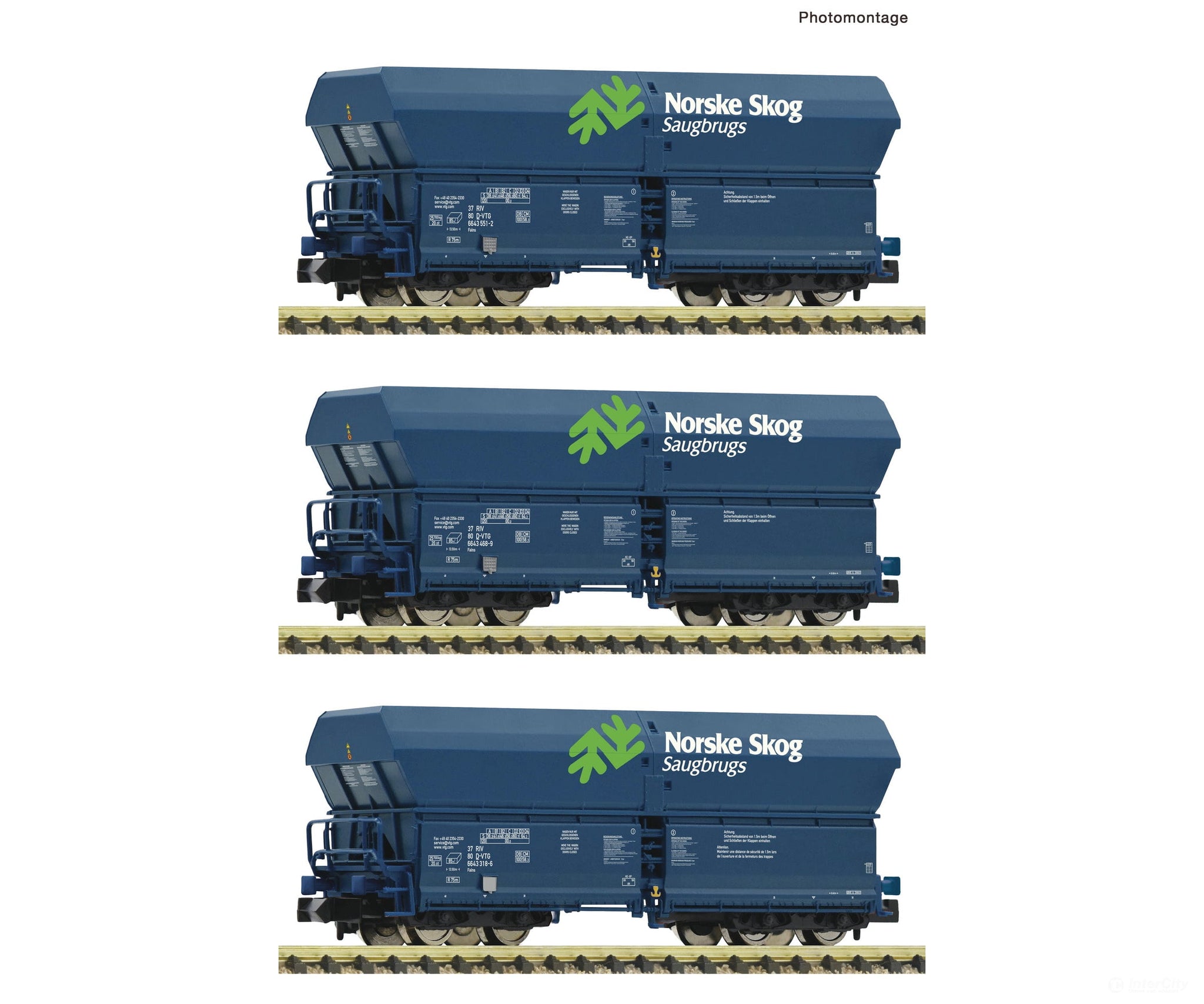 Fleischmann 6660089 N 3 Piece Set: Self-Unloading Hopper Wagons ’Norske Skog’ Vtg European