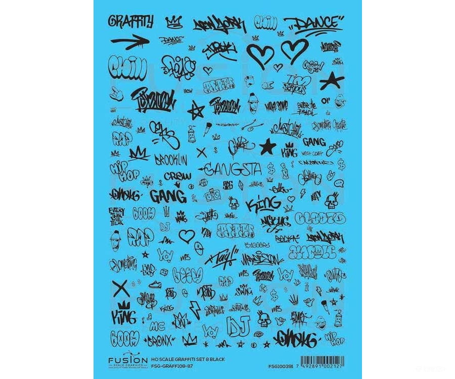 Fusion Scale Graphics HO 100391 Graffiti Decal Set - Set #8 (black) - Decals