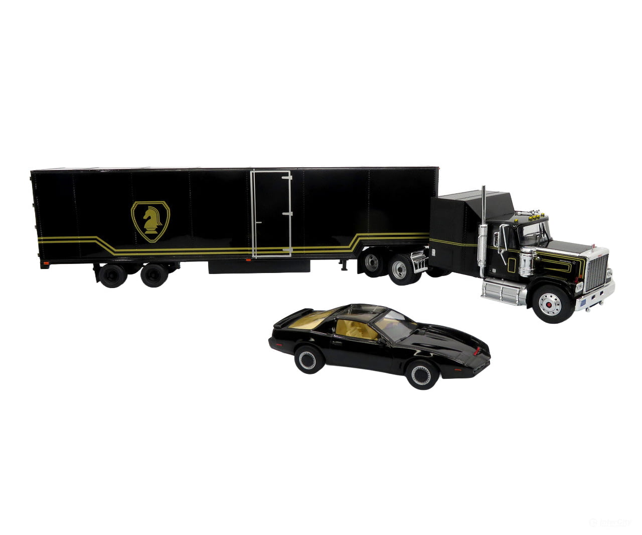 Iconic Replicas 1/43 430639 GMC General Tractor with Van Trailer 1982 Pontiac Firebird Set - Assembled - Black Gold