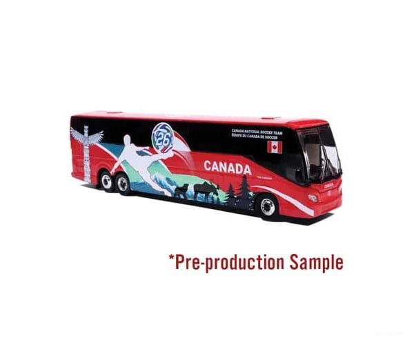Iconic Replicas HO 870719 2022 Prevost H3-45 Coach - Assembled - World Cup Canada Soccer Team (red white green black)