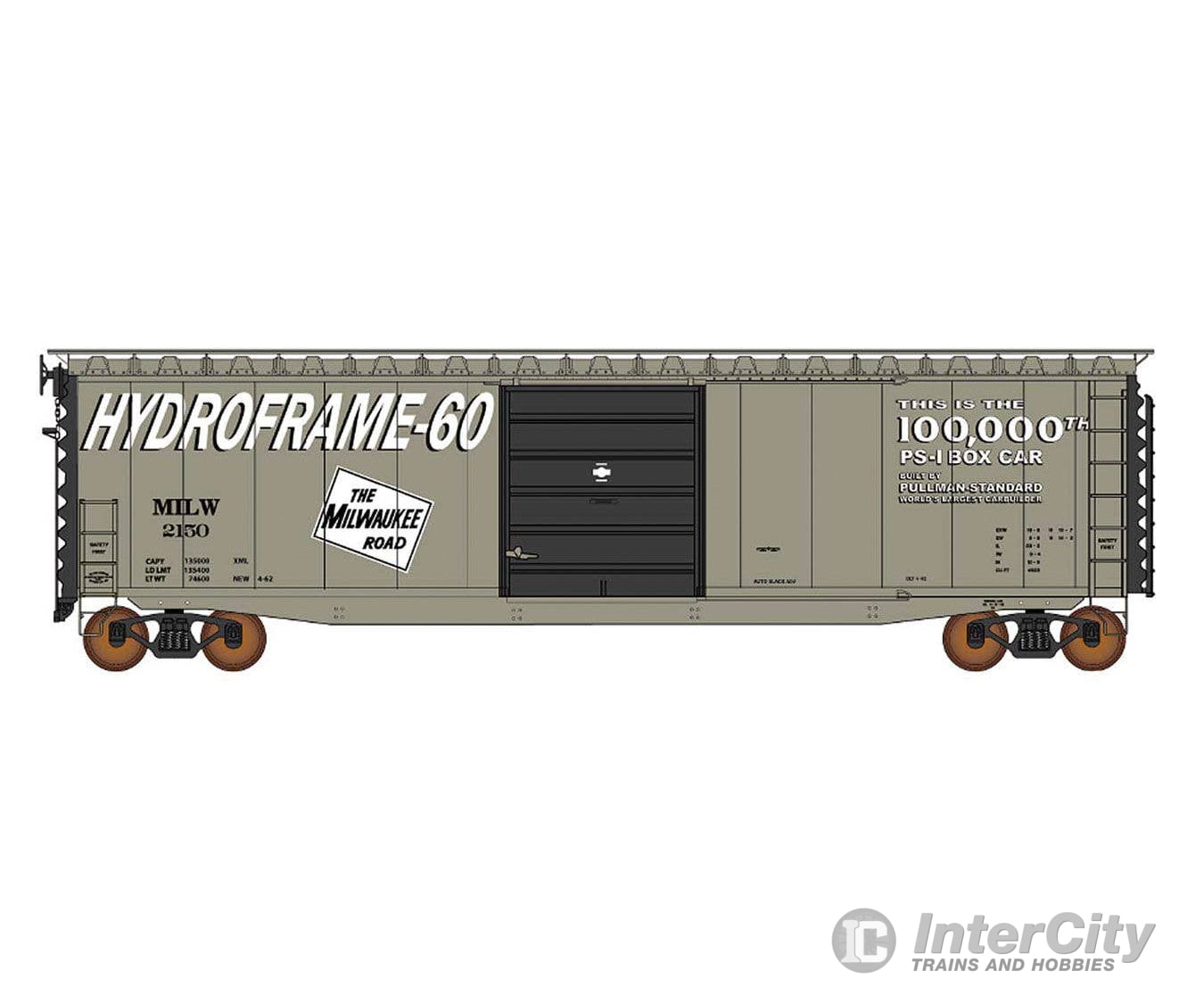Intermountain HO 45960 50’ PS-1 Single Door Boxcar w/Cushion Underframe - Milwaukee Road #2150 (gray black Hydroframe
